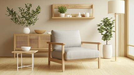 Serene Scandinavian Living Room Interior with Natural Light and Plant Accents