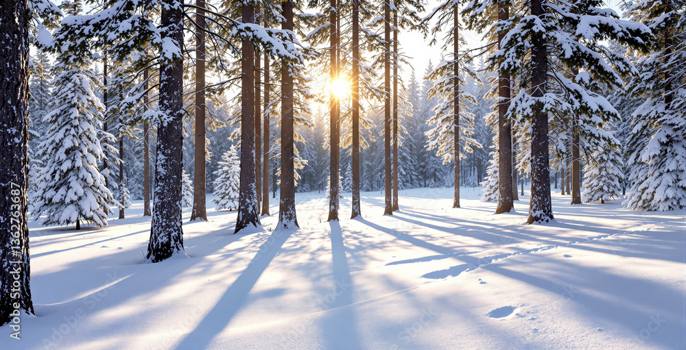 Aufkleber winter forest landscape with snow-covered pine trees and sunlight filtering through branches. bright