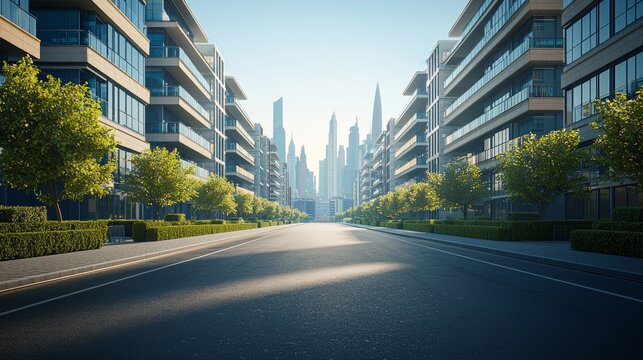 Avenue of Modern Residential Buildings Leading to a Distant City Skyline
