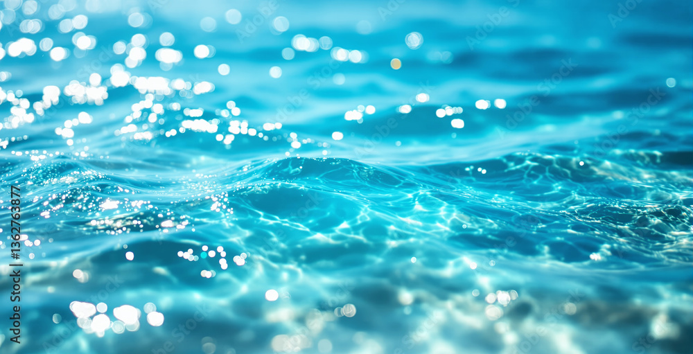 Poster blue ocean waves with bright sunlight reflections creating a shimmering effect. a dynamic water back