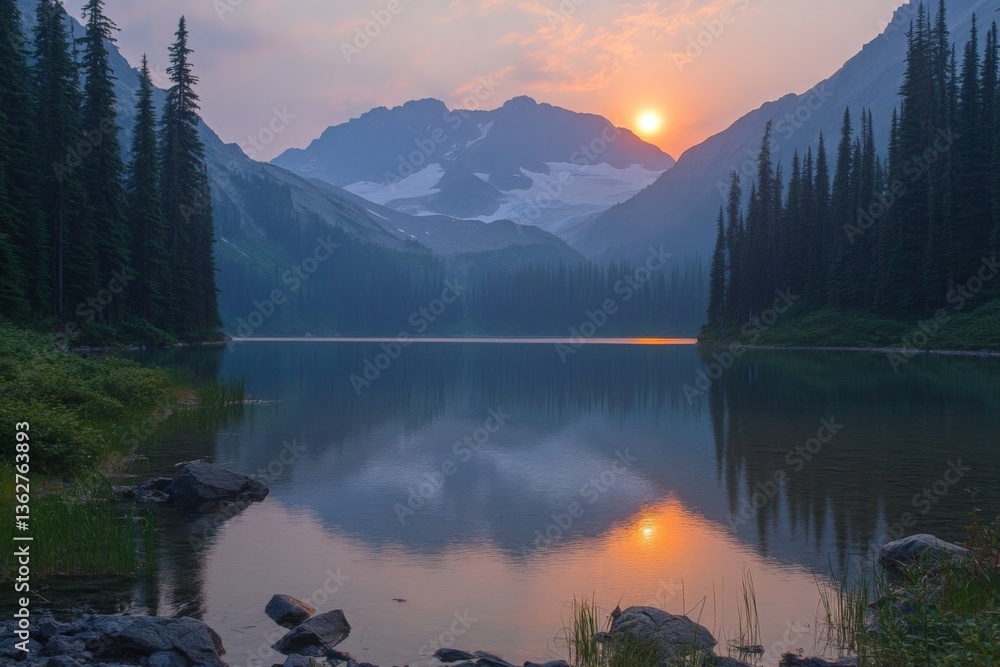 Poster sunset over a tranquil mountain lake surrounded by evergreen trees in the wilderness