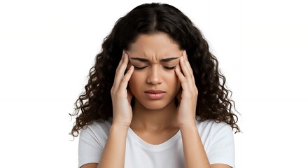 Close-up portrait of a young woman with curly brown hair holding her temples, showing signs of stress or headache, concept for mental health awareness campaign, medical illustration