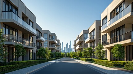 Elegant residential street with modern architecture and city skyline view