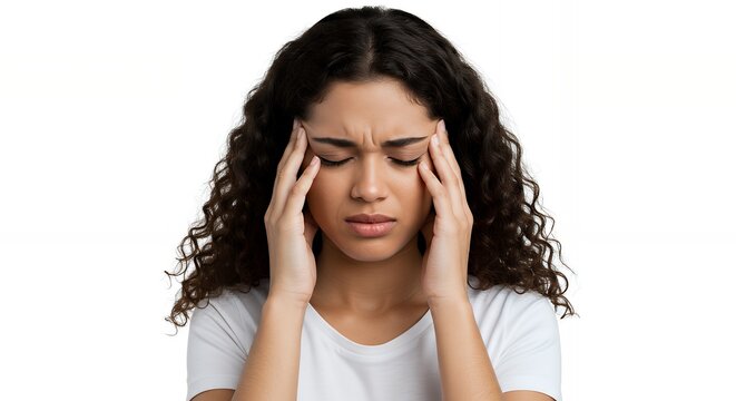 Close-up portrait of a young woman with curly brown hair holding her temples, showing signs of stress or headache, concept for mental health awareness campaign, medical illustration - Powered by Adobe