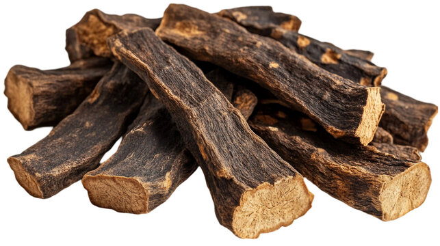 A small pile of dried Sarsaparilla root, Wildcrafted Herbal Medicine isolated on white background. Suitable for marketing or business purposes. PNG file