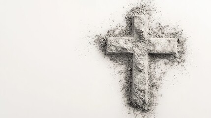 Grey Ashen Cross Outline on Pristine White Background with Copy Space, Symbolizing Lenten Reflection and Mortality for Ash Wednesday Liturgical Materials, Church Bulletin Designs, or Spiritual Growth 