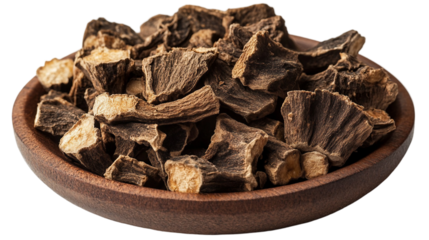 A small pile of dried Sarsaparilla root, Wildcrafted Herbal Medicine on wooden plate isolated on white background. Suitable for marketing or business purposes. PNG file