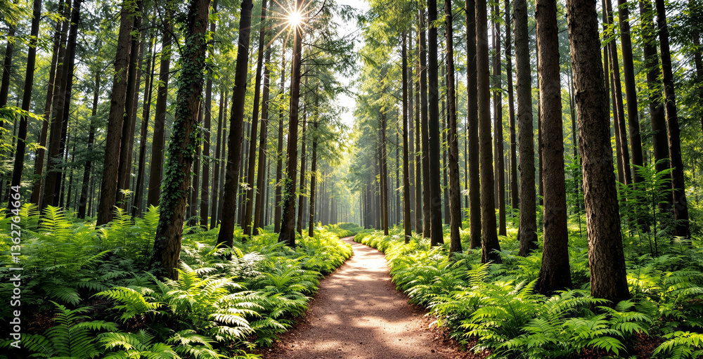 Poster lush green forest landscape with a sunlit path surrounded by tall trees and ferns. sunlight filters 