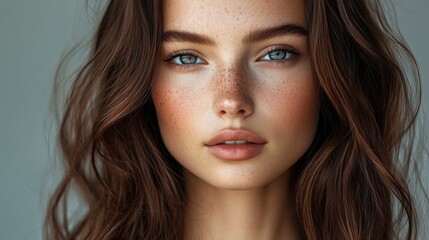 Portrait of a Young Woman with Freckles and Long Brown Hair