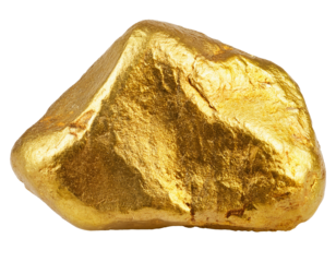 natural raw gold nugget with rough shiny surface, metallic golden rock mineral for mining investment wealth geology and precious resource concept on isolated background
