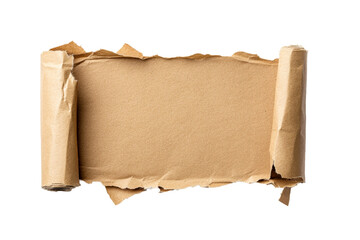 Torn brown paper scroll on transparent background, flat lay view