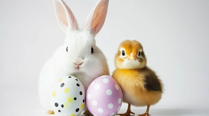 Easter Theme with White Bunny, Yellow Chick, and Polka Dot Eggs in Minimalist Anime Aesthetic, Perfect for Wall Decals, Mobile App Graphics, or Seasonal Product Catalogs Featuring High-Quality Realist