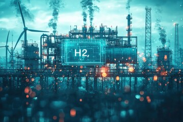 Futuristic hydrogen production plant with industrial and renewable energy elements