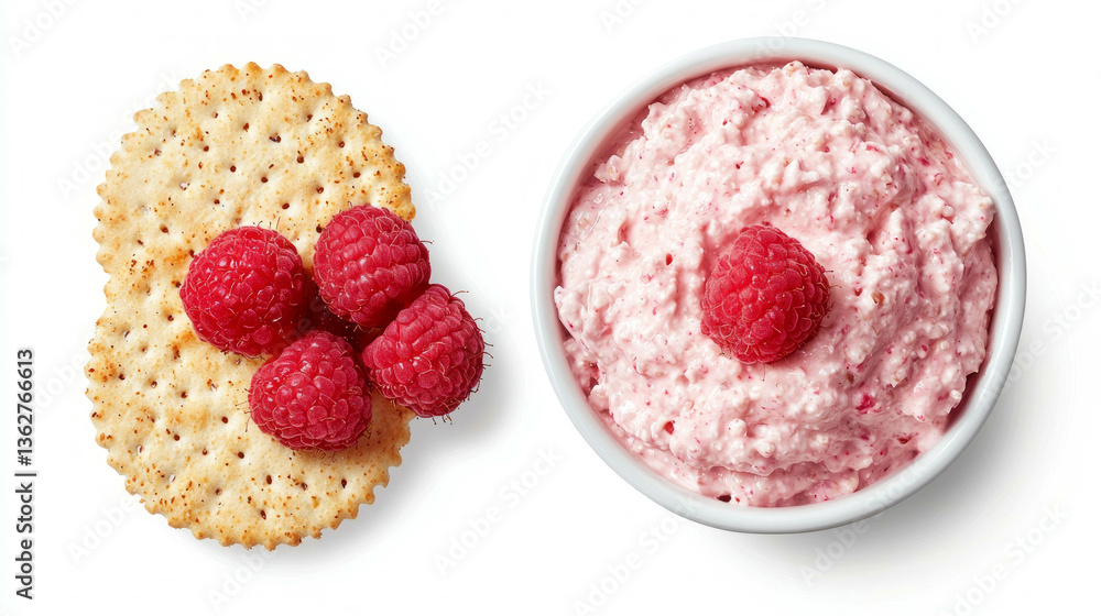 Poster creamy raspberry dip with crackers for appetizer or snack