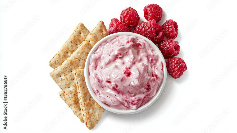 Poster fresh raspberries with creamy dip and crackers for snack or party platter design