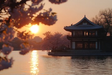 Sunset view of a traditional pavilion by the water surrounded by blooming cherry blossom trees in spring