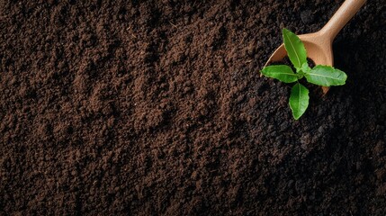 Improve and develop garden soil. Fresh soil with a small plant sprouting from a wooden stick, symbolizing growth and nature.