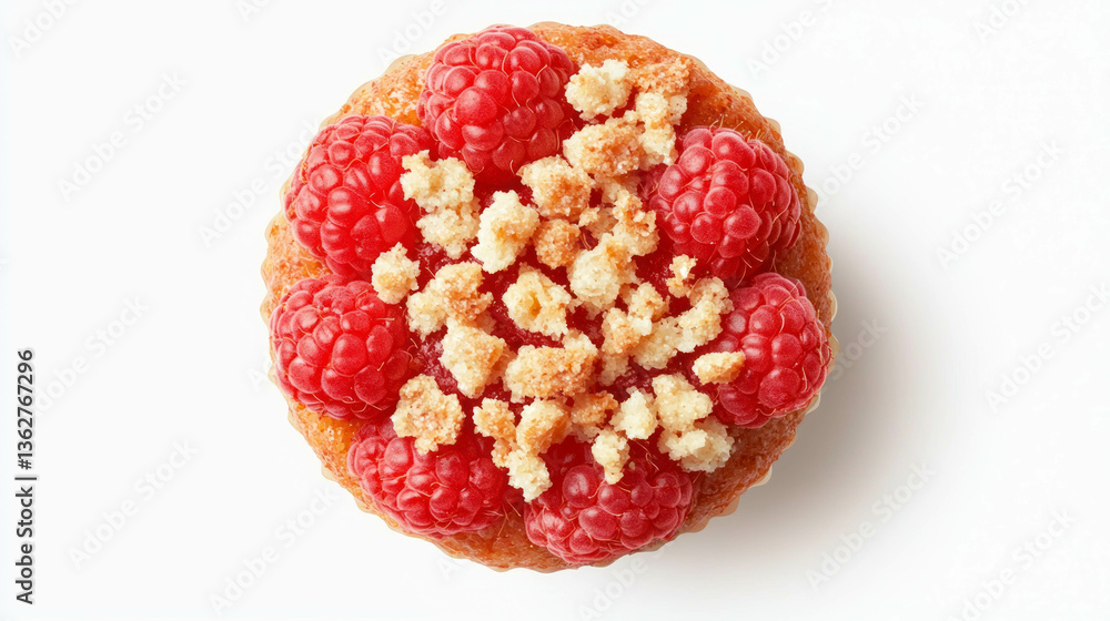 Poster delicious raspberry muffin top view with crumb topping for dessert inspiration or menu design