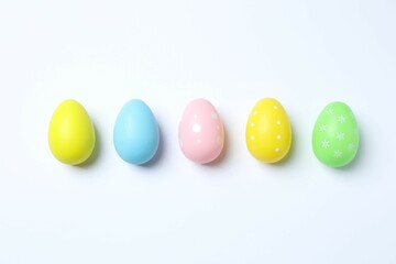 Happy Easter. Colorful eggs on white background, space for text or advertising