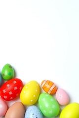 Happy Easter. Colorful eggs on white background, space for text or advertising
