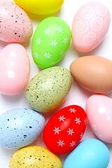 Happy Easter. Colorful eggs on white background, space for text or advertising