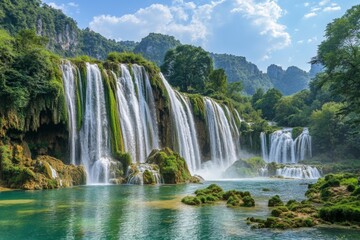 Fototapeta premium Majestic waterfall cascading into clear turquoise pool surrounded by lush greenery under a sunny sky