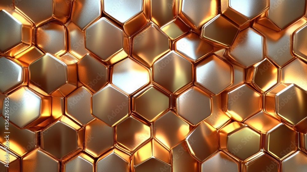 Poster golden hexagon abstract 3d render: luxurious metallic honeycomb pattern background
