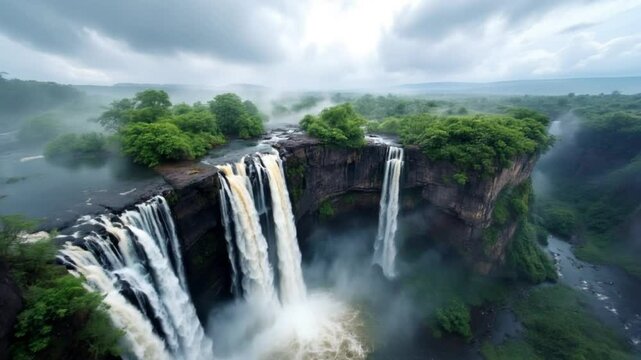 Approaching Calandula waterfalls in Angola looking down on the waterfalls , water hitting the black rocks and the mist all around the waterfall, Aerial view.