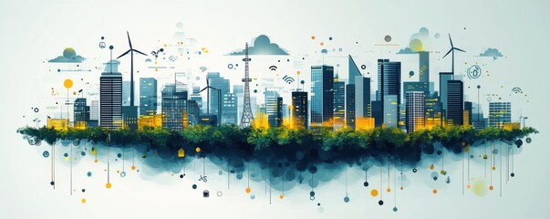 Obraz premium Modern cityscape showcasing green energy innovation and sustainable urban living