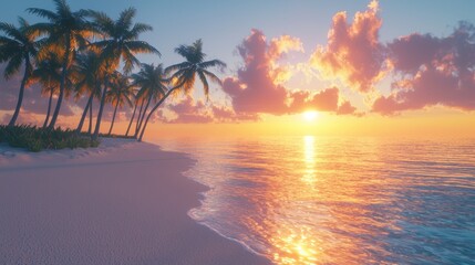 Idyllic tropical island sunset with palm trees and vibrant orange hues