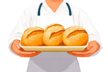 Freshly baked bread rolls served on a tray by a baker
