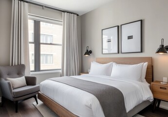Modern bedroom with king bed, gray armchair, and large window.