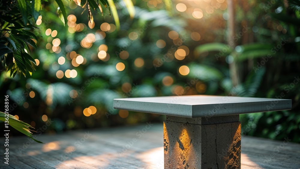 Poster relaxing garden space illuminated by soft lights at dusk creating a peaceful atmosphere
