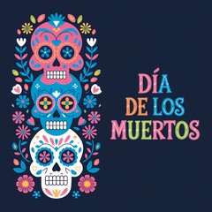 Obraz premium Día de los Muertos celebration with a vibrant dark background featuring multiple colorful skulls in pink blue and orange decorated with flowers bones and festive elements with text on the right side
