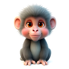 Baboon &ndash; 3D baby baboon, tiny fluffy mane, round chubby cheeks, big expressive eyes, pastel gray and turquoise tones, white background Generative AI