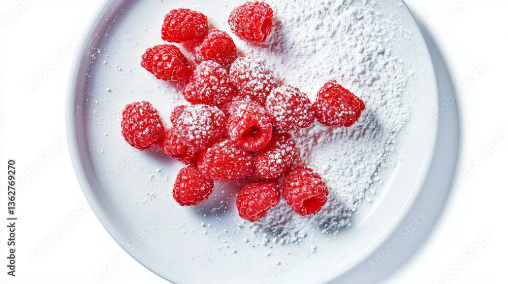 Poster fresh raspberries arranged on a plate with powdered sugar for a culinary delight