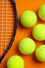 Tennis racket and balls on a color background