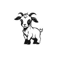 A black and white vector silhouette of a sad baby goat standing with a slumped posture and a gloomy expression on a white background