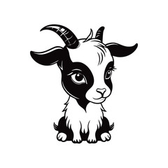 A simple black and white vector illustration of a baby goat looking away with sadness in its eyes on a white background