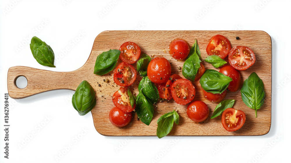 Poster fresh cherry tomatoes and basil on rectangular wooden cutting board for culinary use