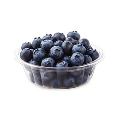 Clear clam container filled with fresh juicy blueberries on white background perfect for healthy eating and cooking inspiration photography use