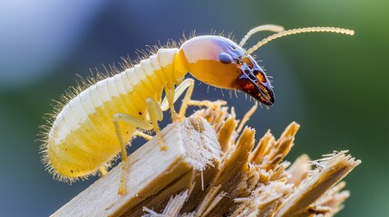 Fototapeta premium macro shot of a termite chewing through a piece of timber, highlighting its mandibles and wood fibers breaking apart. macro shot, termite chewing, timber, wood fibers, mandibles, pest damage, 