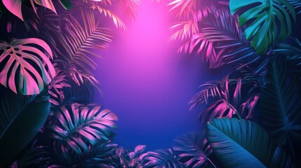 Naklejka premium Neon Tropical Paradise: Vibrant Pink and Blue Leaves