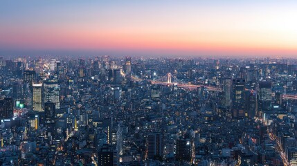 Fototapeta premium Tokyo cityscape twilight panoramic view, sunset, urban sprawl, city lights, aerial