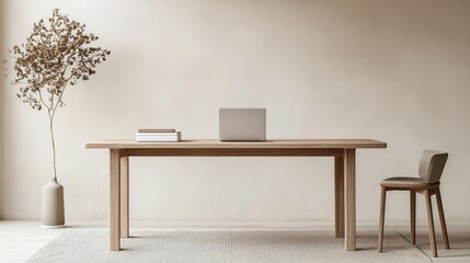 Scandinavianinspired minimalist wooden study, light oak furniture, soft neutral tones, and clean lines