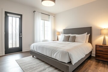 Modern bedroom with king bed, window, and patio door.