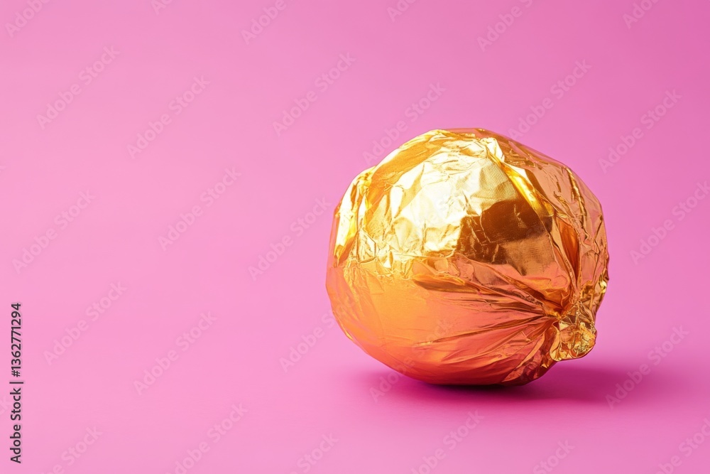 Poster gold foil wrapped ball resting on bright pink surface creating a vibrant and playful display