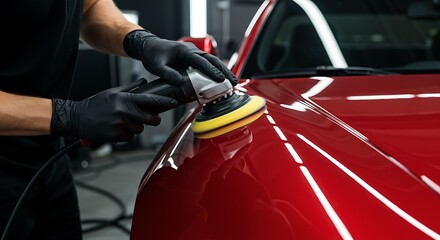 Close up of a auto body mechanic buffing a scratch on sports car
