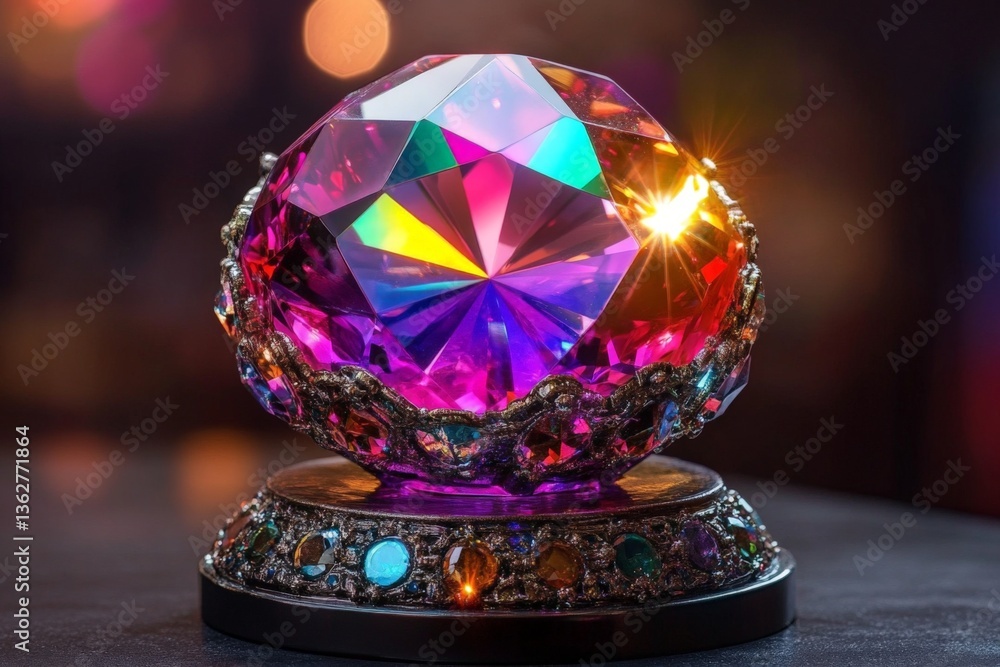 Poster Colorful gemstone orb sits on decorative stand, radiating light in a softly lit setting during an evening gathering