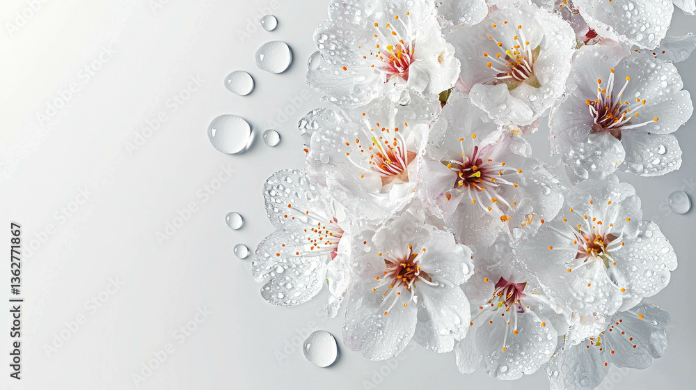 Poster realistic sakura blossom with water droplets on branch for spring design